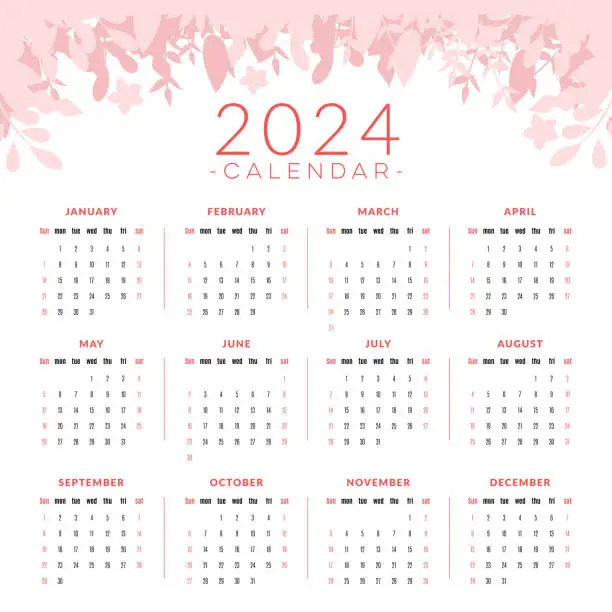 Vector illustration of 2024 calendar in English language.