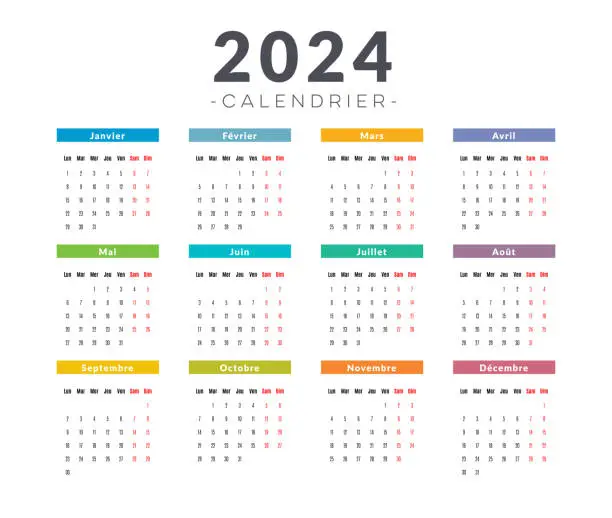 Vector illustration of 2024 calendar in French language.