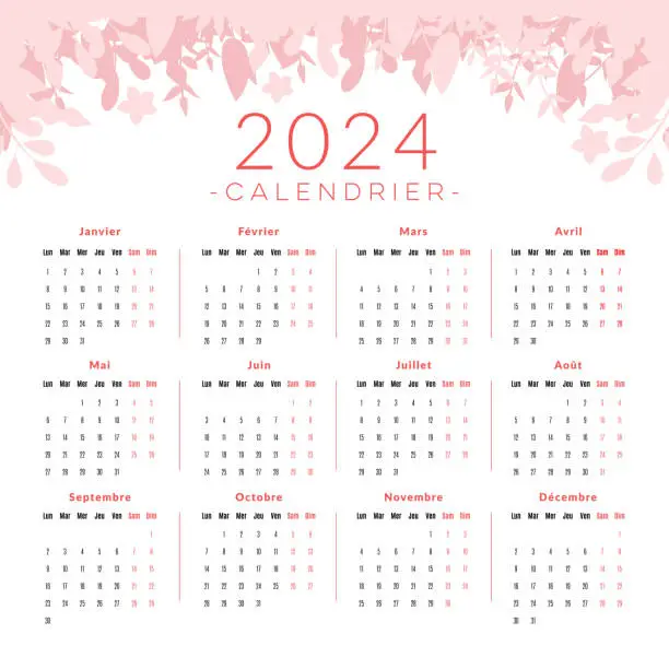 Vector illustration of 2024 calendar in French language.