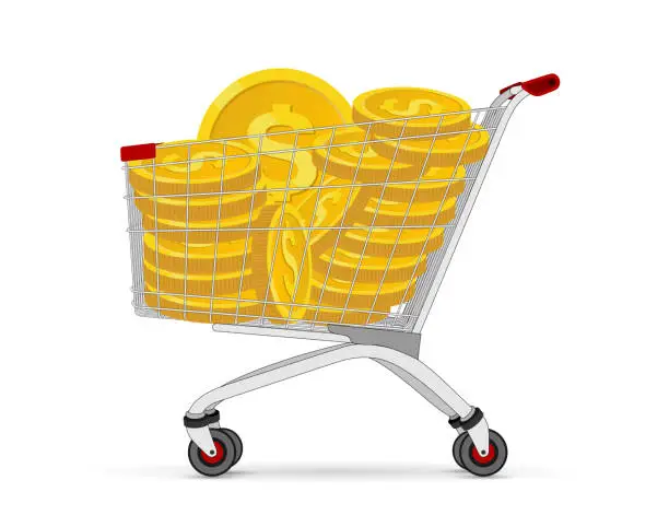 Vector illustration of Supermarket cart with dollar coin.