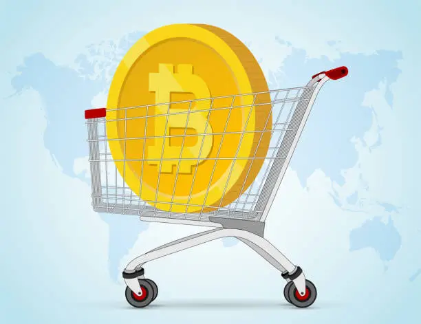 Vector illustration of Supermarket cart with bitcoin coin.