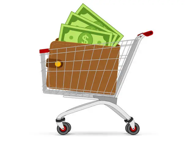 Vector illustration of Supermarket trolley with wallet.