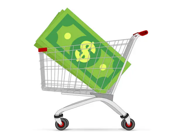 Vector illustration of Supermarket trolley with dollar banknote.