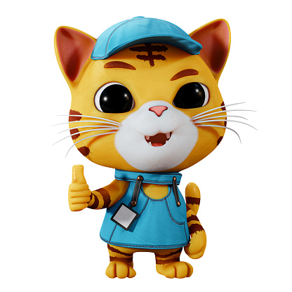 Cute friendly kitty mascot in an industrial outfit giving the thumbs up in a 3D rendering.