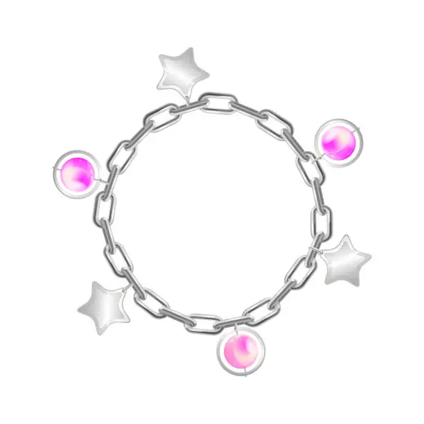 Vector illustration of Realistic Detailed 3d Silver Chain Bracelet with Pendants. Vector