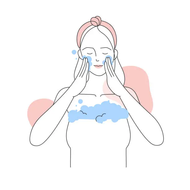 Vector illustration of Girl washing her face with treatment foam