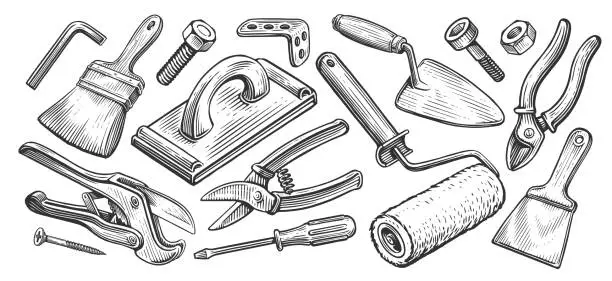 Vector illustration of Set of tools. Construction or repair supplies. Housework concept. Sketch vector illustration