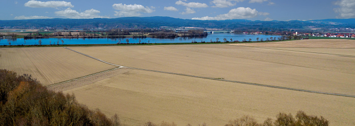 Panoramic photo of the Danube as an aerial view in Bavaria in spring