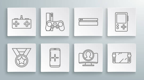 set-linie medaille, spielkonsole mit joystick, smartphone und spielen im spiel, kontobildschirm erstellen, tragbares video, video und gamepad-symbol. vektor - medal control computer icon symbol stock-grafiken, -clipart, -cartoons und -symbole