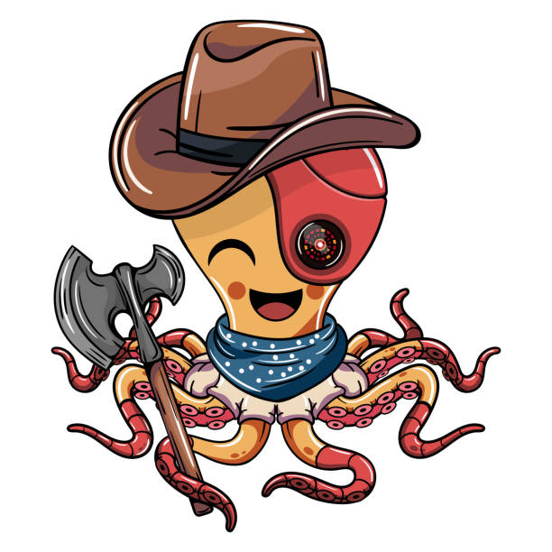 ilustrações de stock, clip art, desenhos animados e ícones de cartoon comic western cowboy cyborg octopus character with a war axe. illustration for fantasy, science fiction and adventure comics - aliens and cowboys