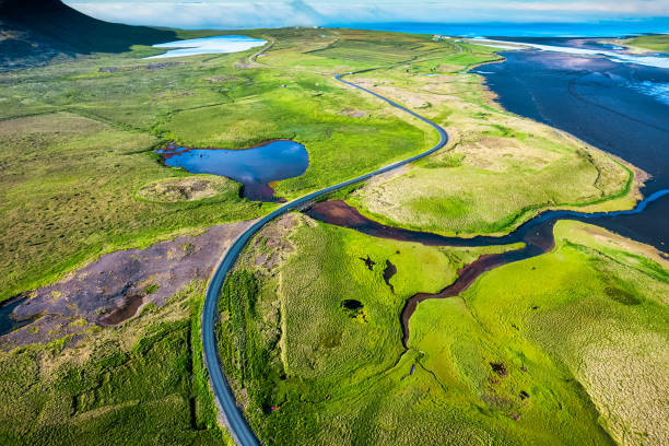 istock Highway road through mossy remote wilderness by coastline in summer 1583152603