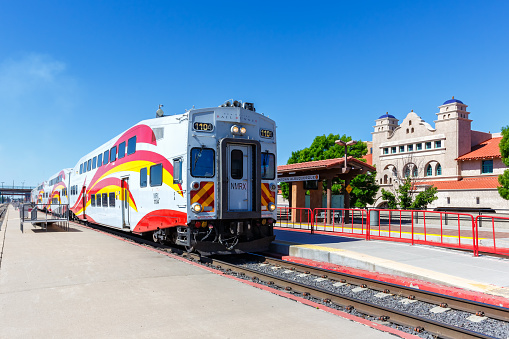 Albuquerque, United States - May 8, 2023: New Mexico Rail Runner Express commuter train railways in Albuquerque, United States.