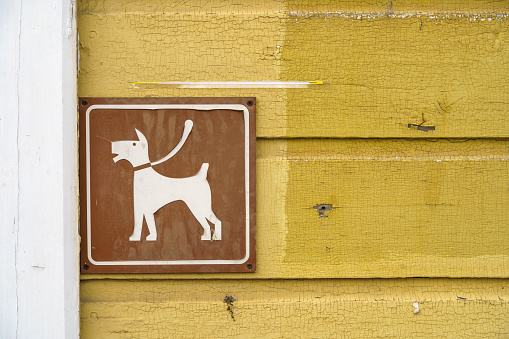 Brown dog parking sign on the wall of an old yellow wooden building. Close up.