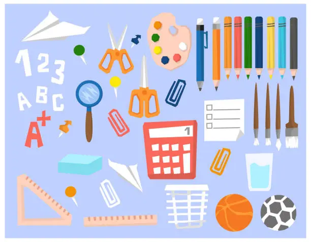 Vector illustration of Big set of vector illustration on the theme of school, colored pencils, scissors, vector graphics, flat style of school subjects. Bright colors.