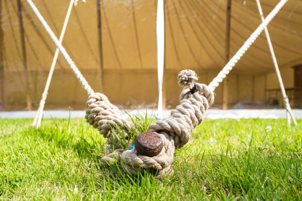 istock Shallow focus of a large marquee iron peg seen hammered into a grass garden. 1583172505