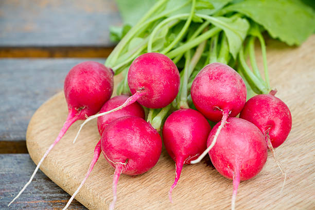 istock Fresh radishes on a wooden cutting board 158321153