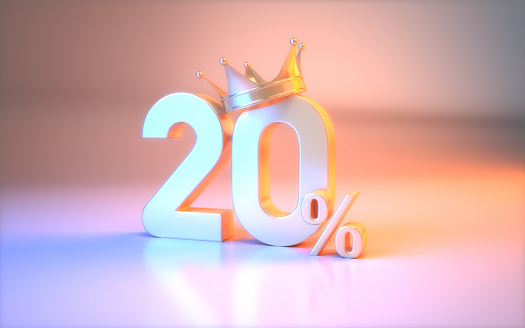 3d render King Crown 20 Percent Sign sitting on Metallic Blue and Pink Background (Close-up)