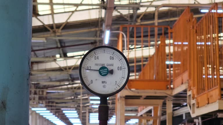 vintage analog gauge pressure runing over machine in manufacturing factory.