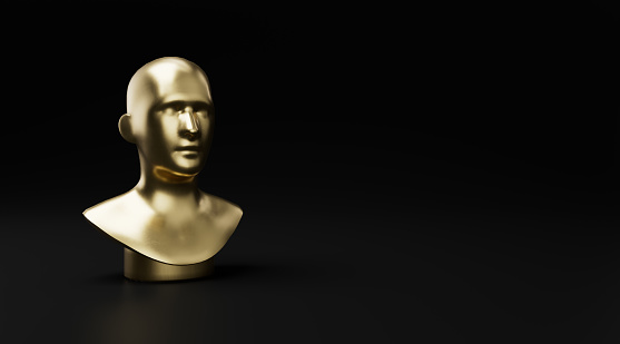 Male mannequin head in gold. 3d render illustration.