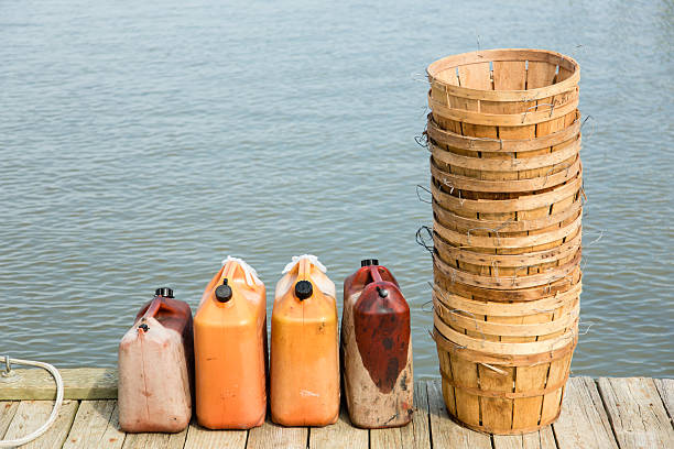 istock Marina scene - faded gas cans & bushel baskets 158324095