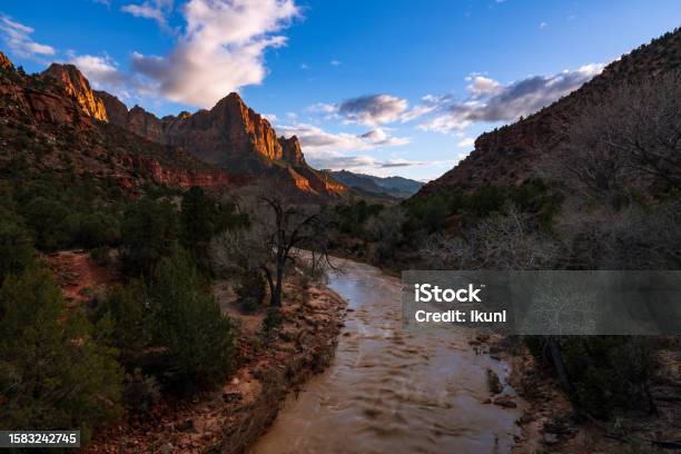 Watchman Viewpoint Landscape During Sunset Zion National Park Utah Usa Stock Photo - Download Image Now