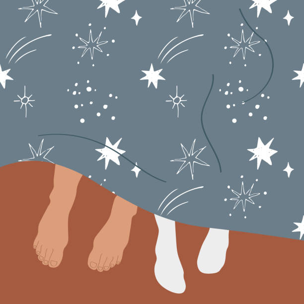 Sleeping couple sleeps under soft blanket. Male and female legs stick out from under the blanket. Relationships, morning in bed, family, love, comfort, healthy sleep. Hand drawn vector illustration Sleeping couple sleeps under soft blanket. Male and female legs stick out from under the blanket. Relationships, morning in bed, family, love, comfort, healthy sleep. Hand drawn vector illustration. Design element woman feet bed stock illustrations