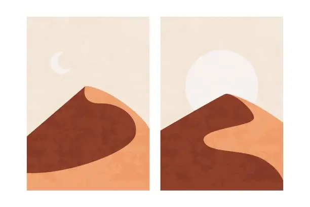 Vector illustration of Minimal desert landscape. Panoramic desert sands sun moon, simple contemporary posters, abstract boho prints. Vector set