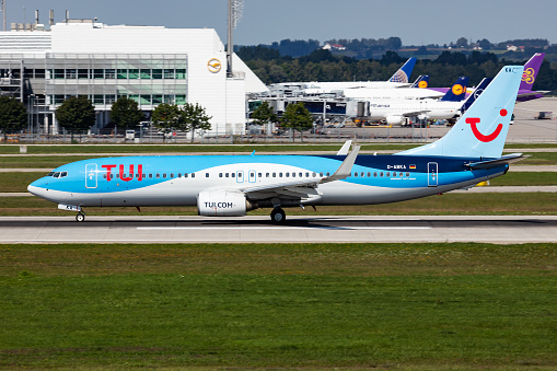 Munich, Germany - September 3, 2019: TUI Tuifly passenger plane at airport. Schedule flight travel. Aviation and aircraft. Air transport. Global international transportation. Fly and flying.