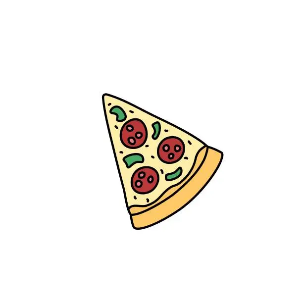 Vector illustration of Pizza slice vector doodle element isolated. Outline illustration of fast food piece. Hand drawn cute colorful doodles