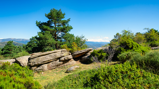 Green mountain landscape with blue sky high in the Sierra de Guadarrama, Madrid, Spain