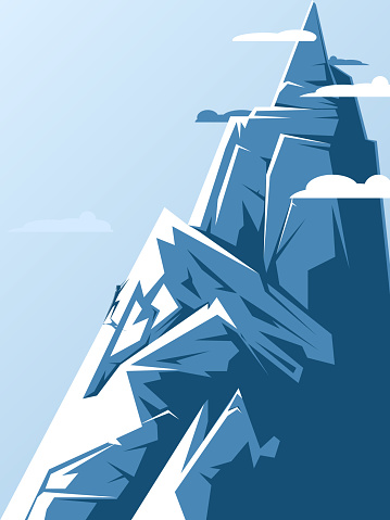 Conceptual illustration of a person climbing a mountain peak. The concept of overcoming difficulties, growth and development, achieving success.