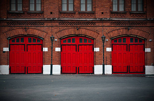 istock Fire Station with red doors 158330970
