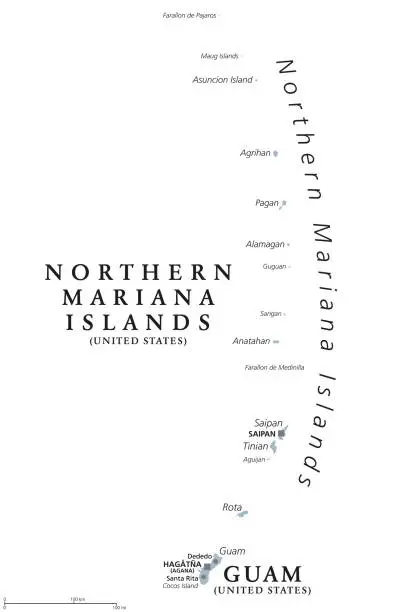 Vector illustration of Guam and Northern Mariana Islands, US territories, gray political map