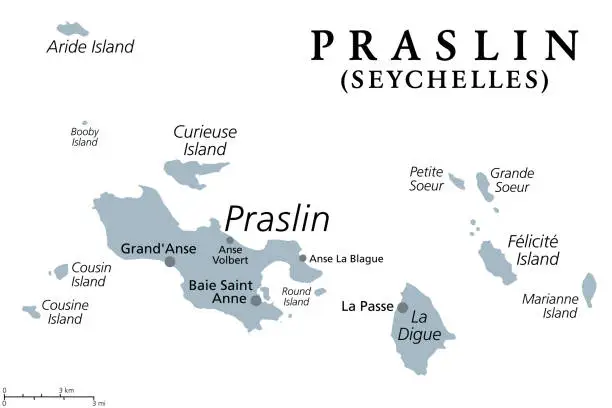 Vector illustration of Praslin and nearby islands of the Seychelles, gray political map