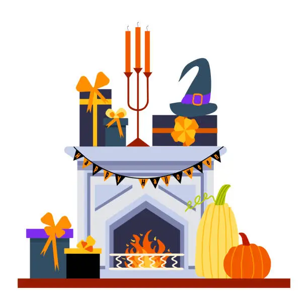 Vector illustration of Cozy fireplace with a garland with the inscription Happy Halloween, tarts, candles and pumpkins. The concept of the autumn festive interior. Square card format. illustration in a flat style