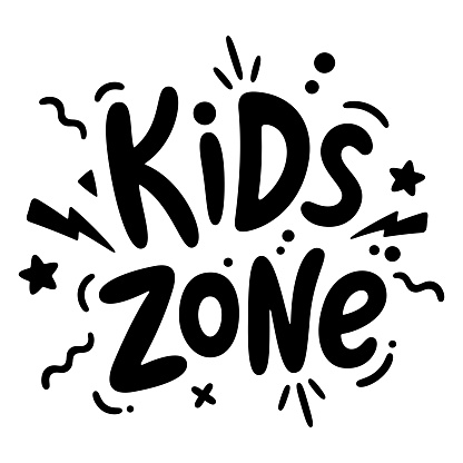 Kids Zone cartoon lettering for children's playroom decoration. Hand drawn lettering design for banner, poster and signboard. Vector illustration