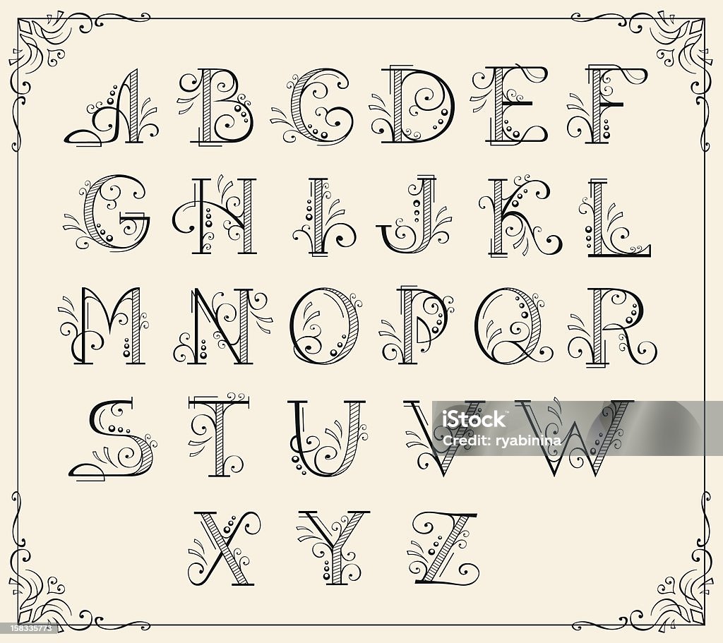 Vector illustration of calligraphic alphabet Calligraphic swirly alphabet framed Ornate stock vector