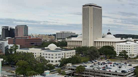 Drone shot of the Florida State Capitol Building in Tallahassee in spring.