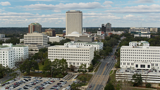 Drone shot of the Florida State Capitol Building in Tallahassee in spring.