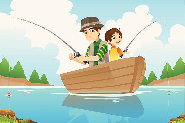 illustrazioni stock, clip art, cartoni animati e icone di tendenza di padre e figlio pesca - nautical vessel fishing child image