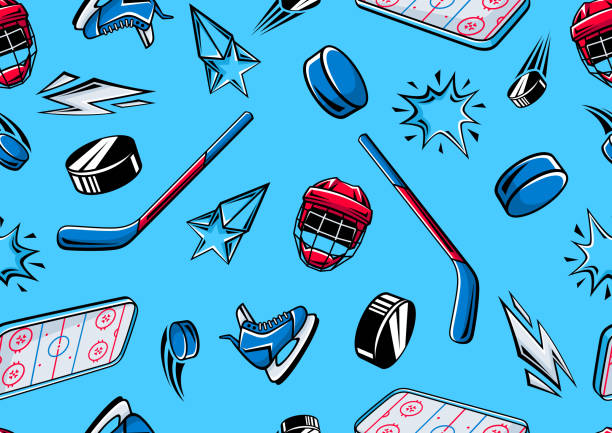 ilustraciones, imágenes clip art, dibujos animados e iconos de stock de patrón con artículos de hockey. ilustración del club deportivo. antecedentes de estilo de vida saludable. - ice hockey illustrations