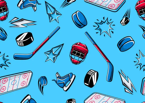 Vector illustration of Pattern with hockey items. Sport club illustration. Healthy lifestyle background.