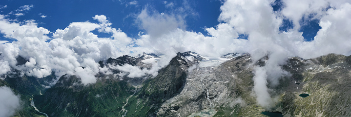 extended panoramic aerial view of the adamello glacier in trentino