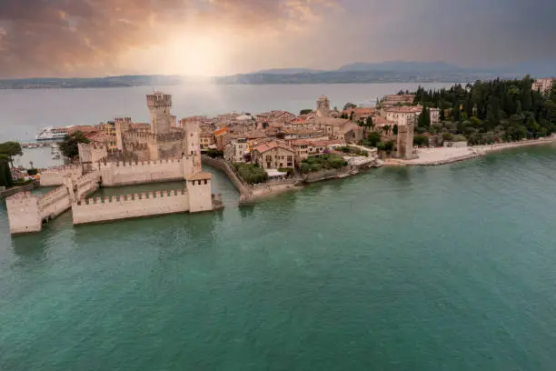 Extended aerial view of the town of Sirmione on Lake Garda