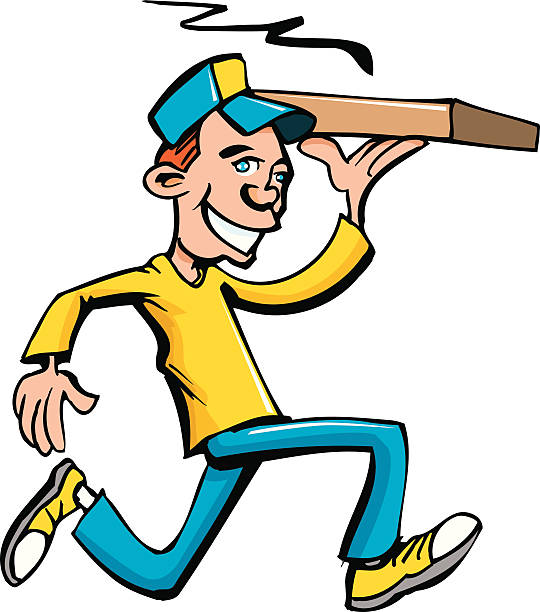 pizza delivery boy mit gelben hemd - pizza delivering running men stock-grafiken, -clipart, -cartoons und -symbole