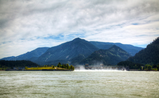 Spillway of Bonneville Dam on Columbia river on sunny day