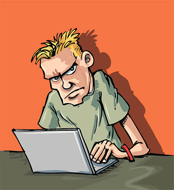 kreskówka, z zwarzony nastolatek za pomocą laptopa - zwarzony stock illustrations