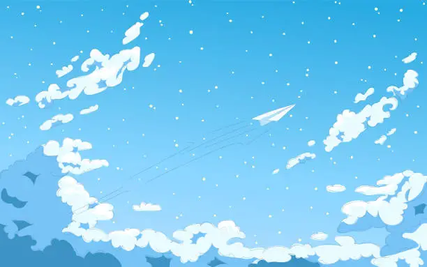 Vector illustration of Landscape with blue sky, clouds, stars and paper plane, romantic anime manga style wallpaper