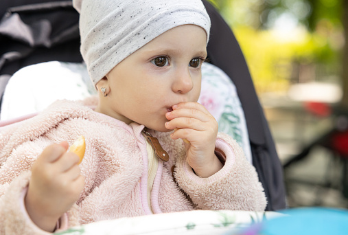 Baby girl eats a bagel. The child is sitting in a pram in the park.