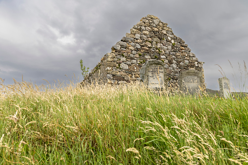 Edinburgh, Scotland, Great Britain : 2023, July 20 - ruined Church of Kilchrist (Cill Chriosd) on the isle of Skye in Scotland, Great Britain